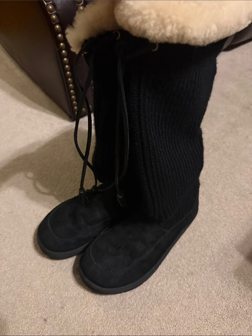 UGG Suburb Crochet Knit Leather Boots Black Size 10